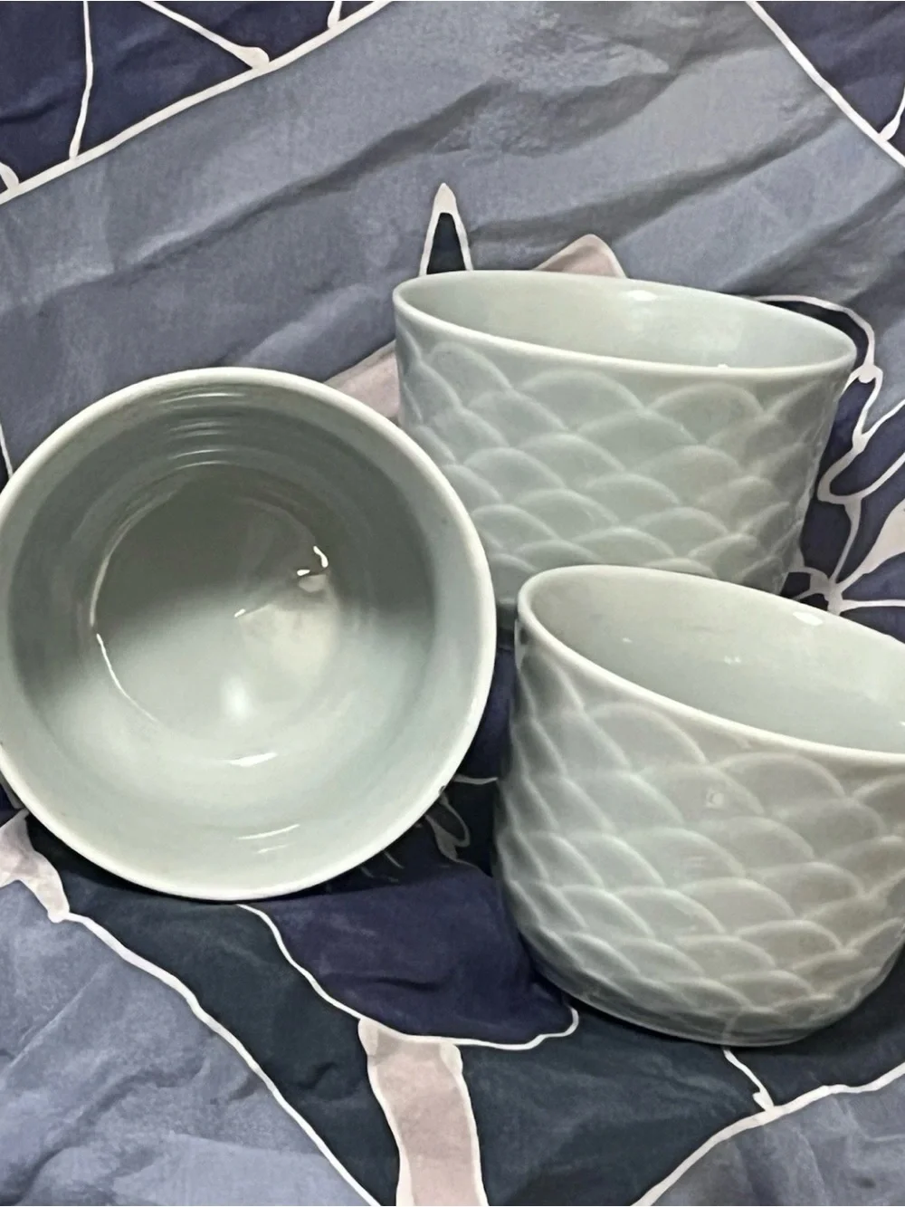 Rare Vtg Horchow Japan Celadon Seigaiha Tea Cups Set of 3 Blue Green pre y2k